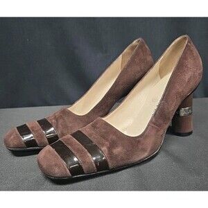 Chanel 2000 Pumps Brown Suede Patent Leather Stripes Heels Size 39 / 8.5 Vintage